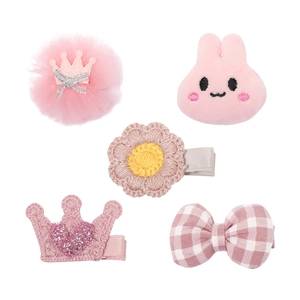 5-piece pink kids hair clip set with mesh crown, plush bunny and floral designs