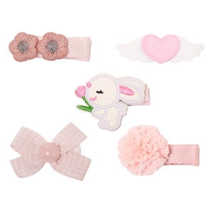 Five-piece set of pink embroidered rabbit and floral hair clips for baby girls