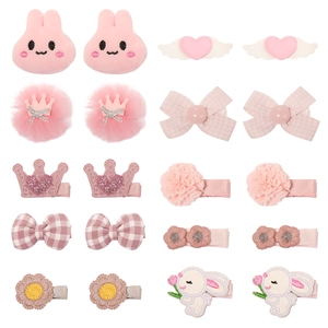 Pink mesh crown and plush bunny hair clips set for kids with 24 pieces of hair accessories