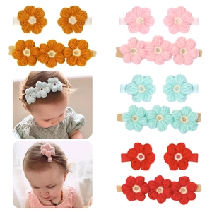 Juego de Pinza para el Cabello de Flor de Ganchillo Hecha a Mano y Diadema de Nailon para Niños Accesorios para el Cabello de Punto de Algodón