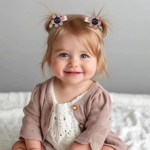 Détail d'une fillette portant des pinces à cheveux fleurs au crochet rose et sourires