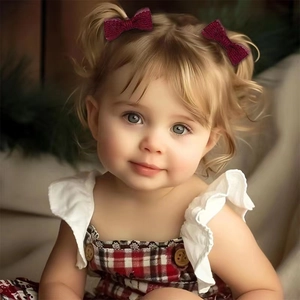 Set d'accessoires cheveux enfant avec deux barrettes nœuds bordeaux sur un modèle enfant