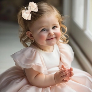 Gros plan d'un nœud papillon en satin rose avec couronne de strass sur les cheveux de fille