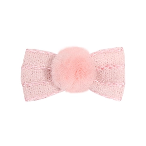 Pink tweed ribbon bow hair clip with plush pompom and sweet heart pendant for girls