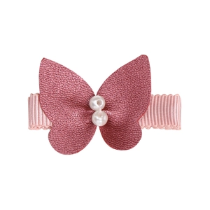 Handmade dusty rose leather bow hair clip with white pearls and heart charm