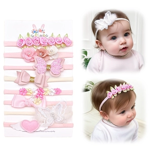 8-teiliges Set rosa Baby-Stirnbänder aus Nylon mit Blumen, Pailletten und Spitze