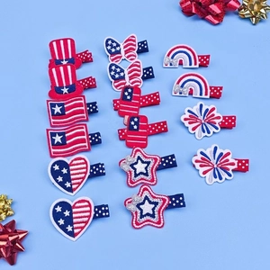 Detailed set of 14 Independence Day hair clips featuring patriotic stars and stripes patterns