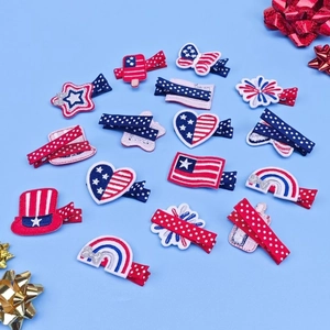 USA flag themed hair clips set with star, heart and rainbow embroidery for girls