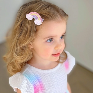 Gros plan d'une pince à cheveux arc-en-ciel scintillante portée sur la tête d'un enfant