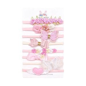 8er Set Baby Nylon Stirnbänder mit rosa Seidenblumen, Glitzerschleifen und Spitze