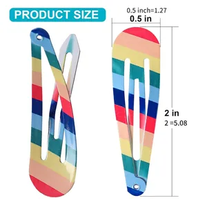 Rainbow striped snap hair clips set for children showing 2-inch length measurement