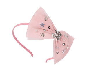 Détail du serre-tête nœud tutu rose orné d'étoiles argentées et de perles scintillantes