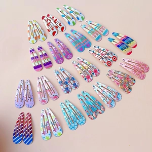 Set of 20 colorful matte finish metal snap hair clips with diverse fruit and animal patterns