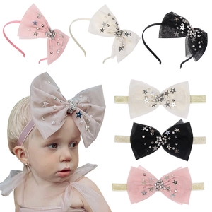 Serre-tête en Maille avec Nœud pour Enfants Paillettes Étoile Strass Künstliche Perle Princesse Accessoires Cheveux Fille Cadeau