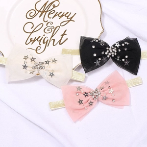 Lot de trois bandeaux pour filles avec nœuds en tulle, paillettes et perles en noir, blanc et rose