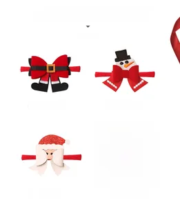 Detail showing Santa legs, snowman, and glitter reindeer designs on baby nylon headbands