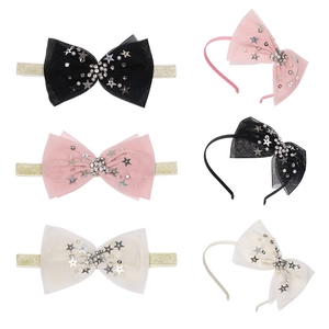 Lot de 6 bandeaux de princesse avec nœuds en tulle à paillettes et perles en rose, noir et blanc