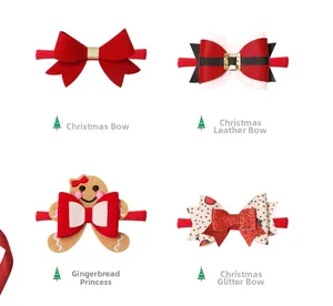 Detailed set of four festive Christmas baby headbands with reindeer and ginger man motifs