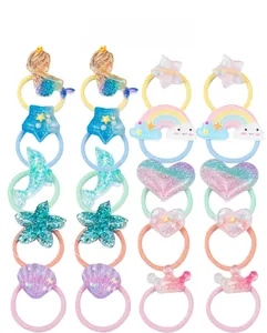 Detailed flat lay of 24 pieces set of cartoon resin hair ties with glitter heart and stars