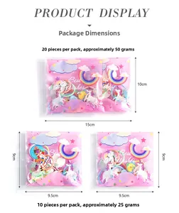 Detailed packaging of colorful elastic hair ties with rainbow unicorn design and sizes