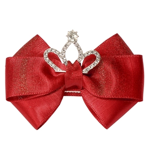 Nœud à cheveux en satin rouge pour filles avec couronne de strass argentés et paillettes