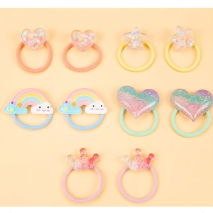 Set of 10 colorful heart and star hair ties for children with glitter resin charms