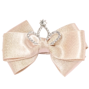 Barrette à nœud en satin champagne avec couronne argentée et strass scintillants