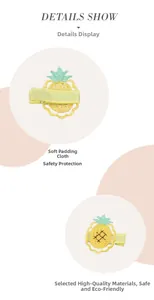 Detail view of handmade embroidered pineapple hair clip with protective soft back pad