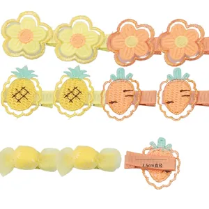 Handmade kids fruit hair clips set with embroidery flowers and 3.5cm ribbon base