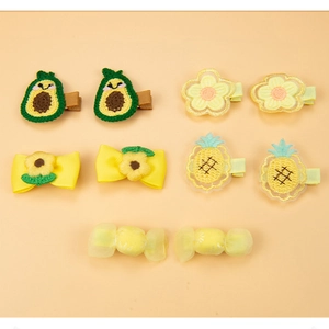 Kids handmade fruit and flower hair clips set featuring cute avocado and pineapple designs