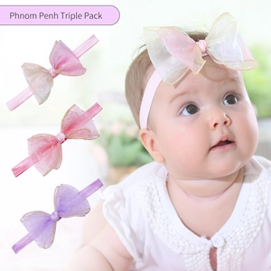 Lot de trois bandeaux pour bébé avec nœuds en organza rose, magenta et violet à bord doré