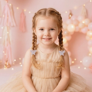 Detailed view of champagne sequin butterfly hair ties worn on braided hair for girls