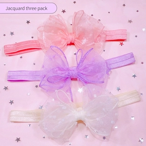 Lot de trois bandeaux bébé avec nœuds en tulle jacquard rose, violet et blanc crème