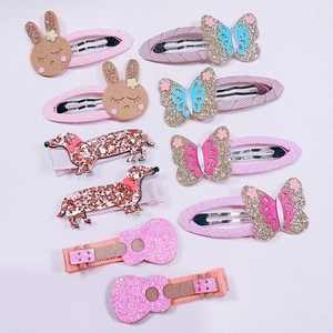 10-teiliges Glitzer-Haarclip-Set mit Hasen Schmetterlingen Hunden und Gitarren Motiven
