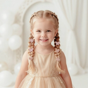 Detail showing various pink glitter hair clips including butterfly and rabbit shapes on model