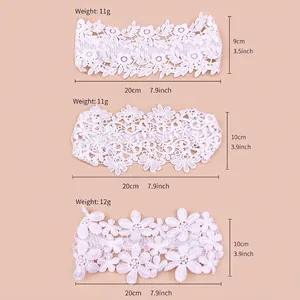White lace baby headband set with flower patterns and size specifications for girls