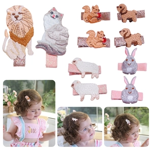 Embroidered Animal Hair Clips Cute Lion Cat Squirrel Dog Rabbit Sheep Fabric Hairpins With Glitter For Kids Toddlers Accessories