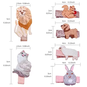 Kids embroidered animal hair clips set featuring sizes for lion, cat, and rabbit styles