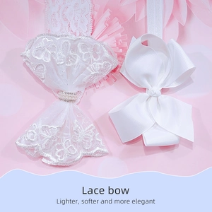 Detail of white lace bow headband with pearls and grosgrain ribbon for babies