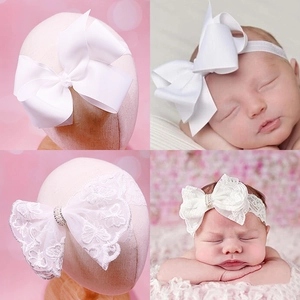 Baby white lace headband set with large embroidery bows and pearl details for infants