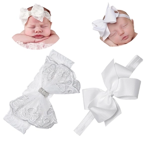 White Baby Girls Lace Bowknot Headband Set Embroidery Butterfly Faux Artificial Pearl Rhinestone Elastic Hair Band Wedding Photo