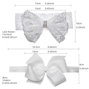 Set of 2 white lace and satin baby headbands with elegant embroidery and pearl details