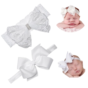Baby white lace headbands with embroidered butterfly and satin bow for formal occasions