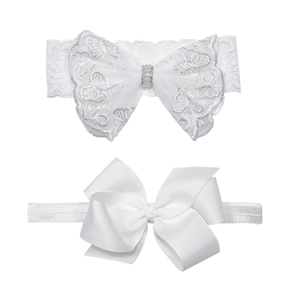 Set of two white baby headbands with lace embroidery butterfly and classic grosgrain bow