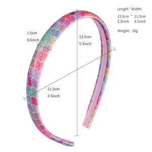 Rainbow glitter headbands with mermaid scales and anti-slip teeth dimensions shown