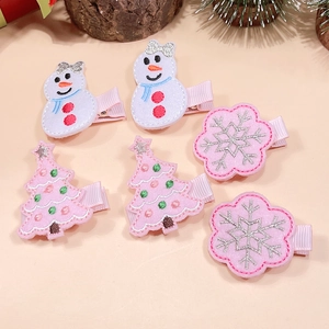 Detailed set of 6 Christmas hair clips featuring snowmen, trees, and snowflake embroidery
