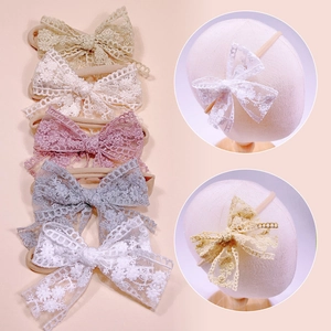 Lace flower bow baby headbands set with elastic bands in multiple soft pastel colors