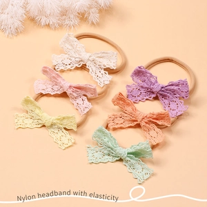 Set of 6 colorful hollow lace bow nylon headbands for baby girls with high elasticity