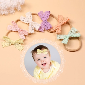 Set of 6 soft nylon baby headbands with candy-colored lace bow ties for infants