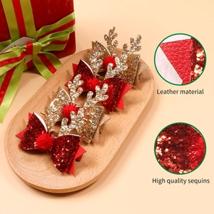 Barrettes de Noël bois de renne avec nœuds pailletés et pompons rouges pour filles
